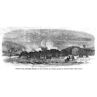 Lancaster & Carlisle Eisenbahn Schießpulver Explosion bei Penrith - antiker Druck 1867