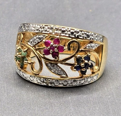 VTG Ross-Simons Vermeil Floral Ring Size 8 Ruby Sapphire Emerald Diamond 5.7g