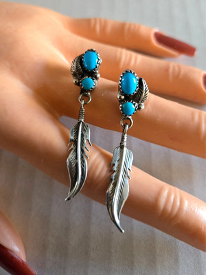 Sterling Silver Native American Turquoise Feather Earrings - Signed D. Spence