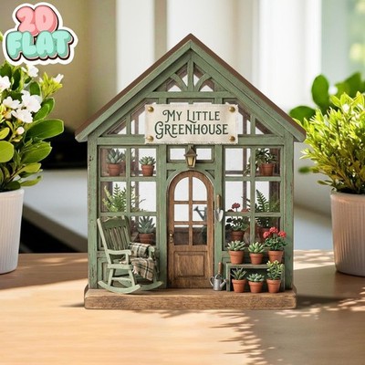 Greenhouse 2D FLAT Wooden Block Decor, Mini Garden House Shelf Art, Rustic Plant