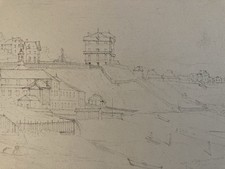 Very Nice Drawing Xixth 1865 Pencil Landscape Saint Valery On Somme ? Sea Ocean