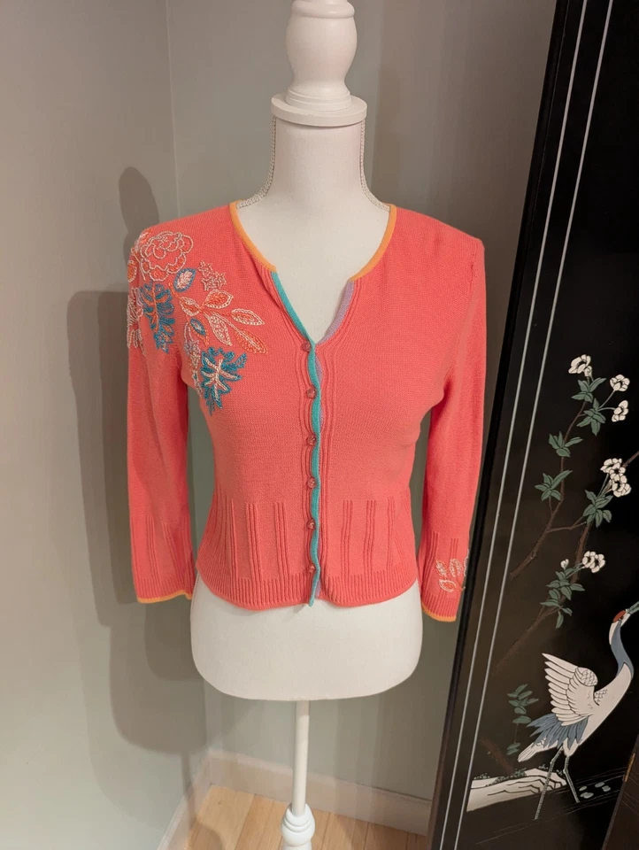 Cárdigan corto pequeño Y2K Sigrid Olsen deportivo para mujer suéter bordado con cuentas 137