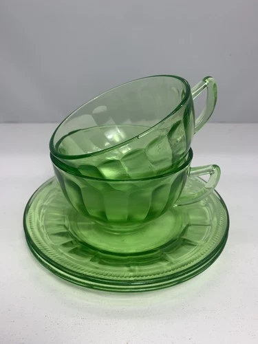 Federal Glass Green Uranium Tea Cups And Saucers Pair