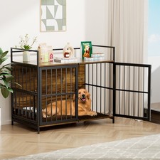 Dog Cage Furniture with Cushion, Dog Kennel Indoor with Rotating Feeder Bowls
