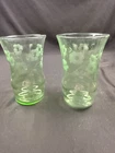 VTG Small Uranium Glass Tumblers Grape Vine Etched Green Depression Glass PAIR