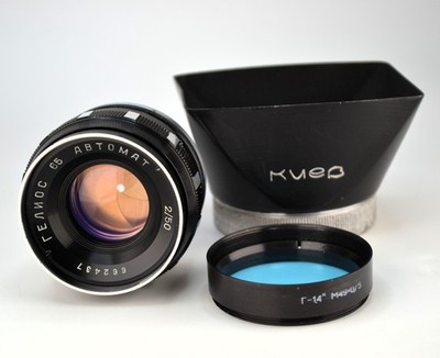 SERVICED! USSR HELIOS-65 SWIRLY BOKEH AUTOMAT LENS, KIEV-10 mount + NATIVE HOOD