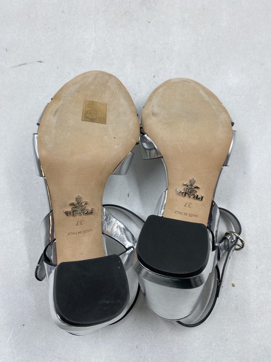 Prada Metallic Silver Leather Ankle Strap Block Heel W 6.5 | eBay