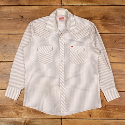 Vintage Ely Plains Western Striped Snap Shirt L Herren 80s Poly Pearl Cowboy White