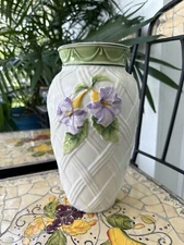 VTG 90s Cottagecore PURPLE Floral L Vase Basket Weave Portugal Loucarte Hibiscus