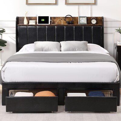 Queen Size Bed Frame LED Upholstered Headboard 2 Storage Drawers Platform