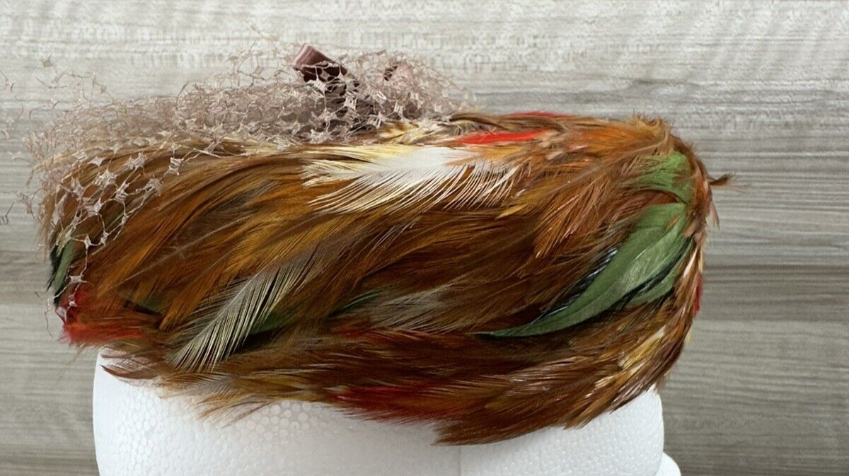 1950s VTG Feather Turban Hat by Mr. Michael Exclusive Satin Bow Multicolor Retro 1950s VTG Feather Turban Hat by Mr. Michael Exclusive Satin  main image 2