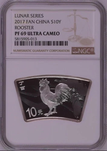NGC PF69 2017 China Lunar Series Rooster 30g Silver Fan Shaped Coin with COA