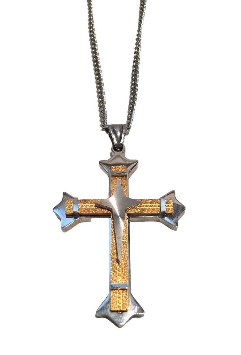 Men's Cross Necklace Stainless Steel Two Tone Gold Dimensional