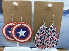 4 PC 3" Teardrop Double-Sided Patriotic USA Flag Leather Earring Set New 4081
