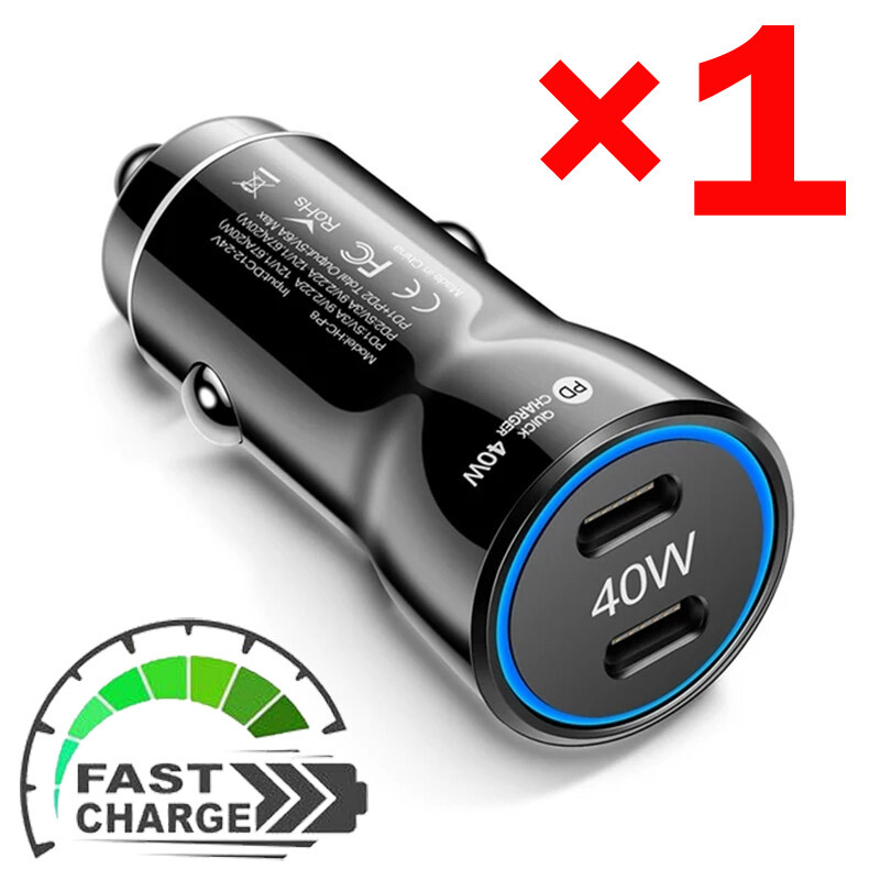 Dual Type C Fast 40W Car Charger Adapter & Cable For iPhone 15 Pro Max