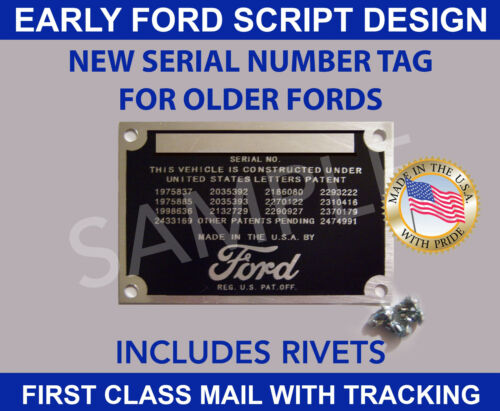 SERIAL NUMBER TAG ID DATA PLATE VINTAGE SCRIPT DESIGN W/RIVETS MADE IN USA - Picture 1 of 2