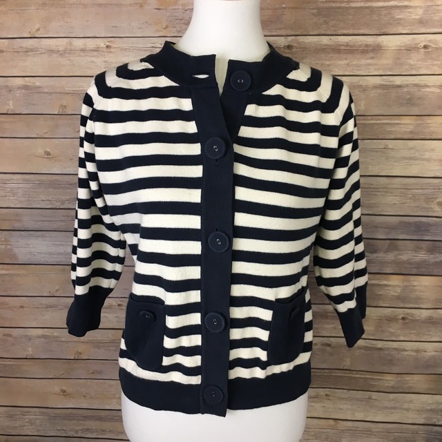 LL Bean Medium Womens Striped Sweater Navy White Pockets Button Down