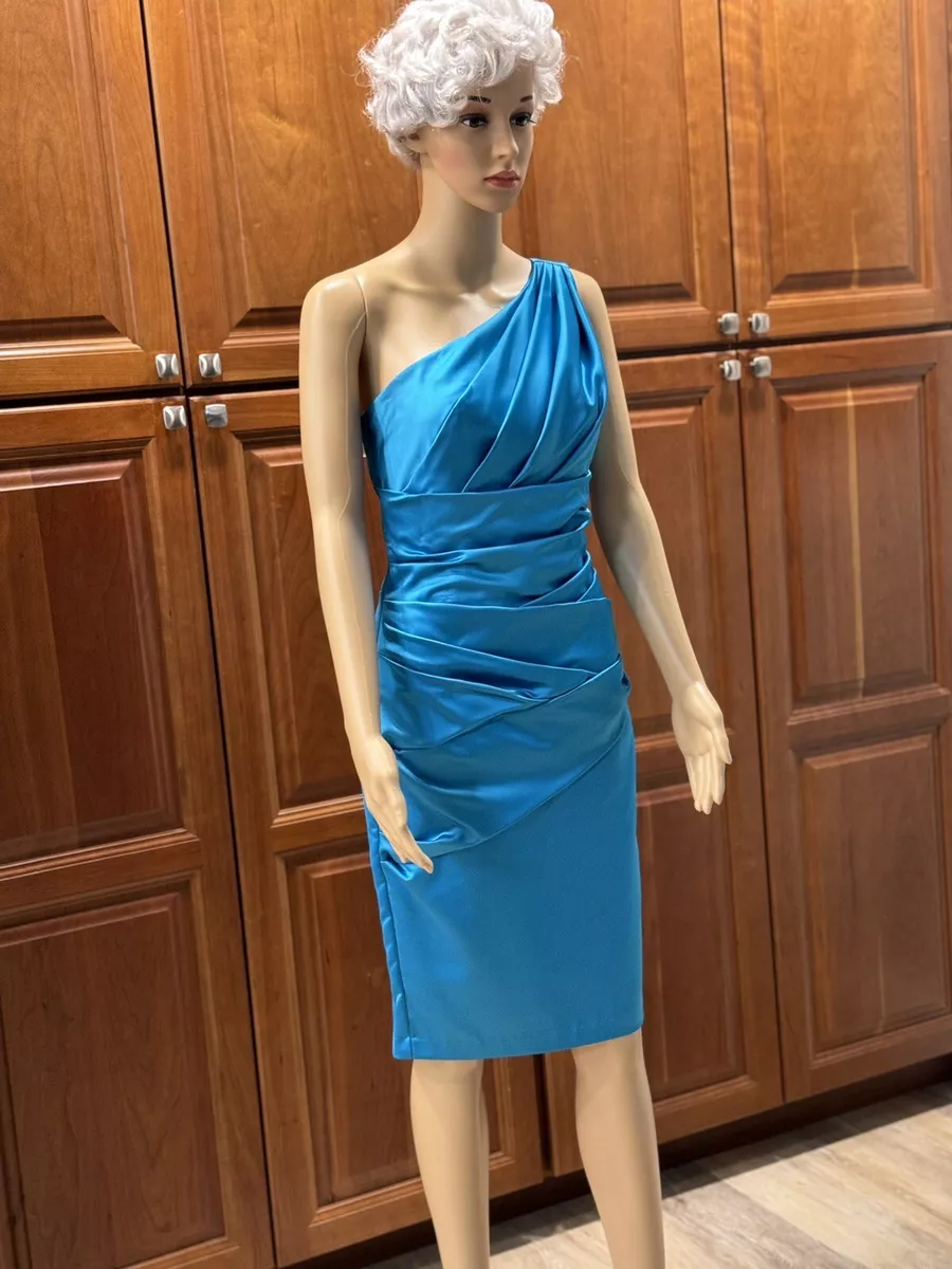 David s Bridal Satin Turquoise One Shoulder Short Dress Size 2 eBay