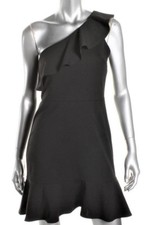 AQUA ~ Black Ruffled One-Shoulder Flounce Hem Sheath Dress L NEW $88