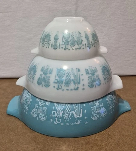 Set Of 3 Vintage Pyrex Amish Butterprint Cinderella Mixing Bowls 441 443 444