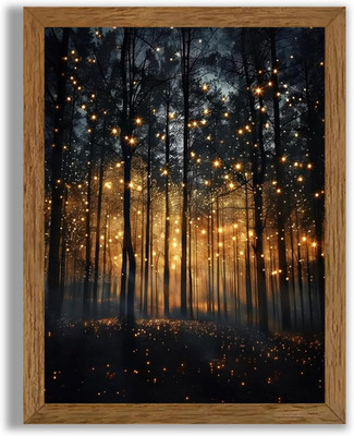 Framed Enchanted Forest Firefly Canvas Wall Art, Dark  Twilight Landscape Wall D