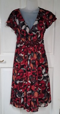Rocha John Rocha V- neck Dress Floaty Chiffon Red Mix Short Sleeve Size12