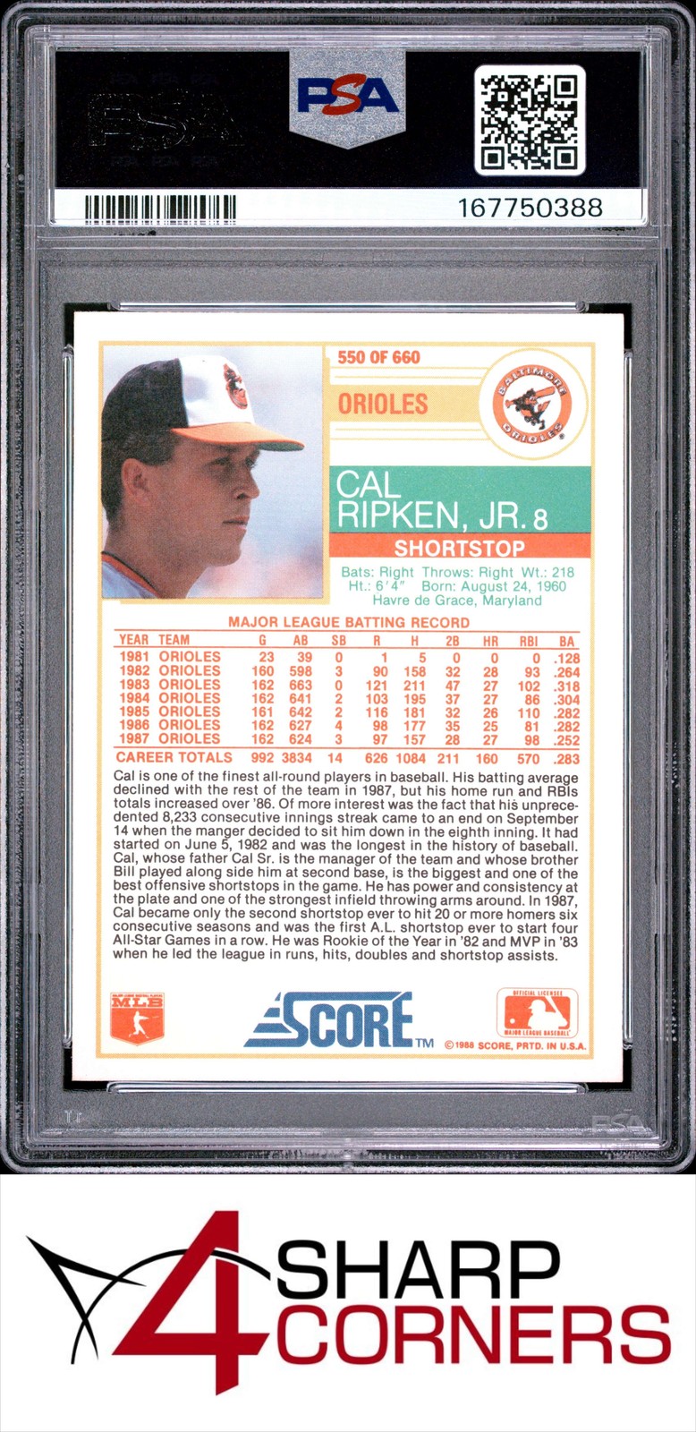 1988 SCORE #550 CAL RIPKEN JR. ORIOLES HOF PSA 10 view 2