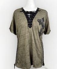 Women's Affliction Spiker Lace Up Raw Edge Graphic Tee Top Y2K T-Shirt Sz Med