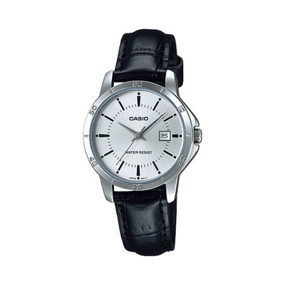 Casio Women s Silver Dial Black Leather Strap Watch - LTP-V004L-7AUDF