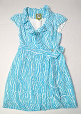 Elizabeth McKay Blue White Patterned Ruffle Collar Wrap Dress Cap Sleeve 10 NWOT