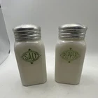 VTG White Milk Glass Salt & Pepper Shakers Set Green Labels Metal Lids 4 in