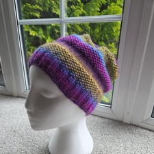 Hand Knitted Women's Wool Hat One Size Multicoloured Purple And Blues