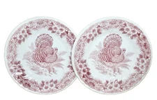 QUEEN'S Thanksgiving Tom Turkey 8" Salad Plate Set of 2 Myott Factory Red White