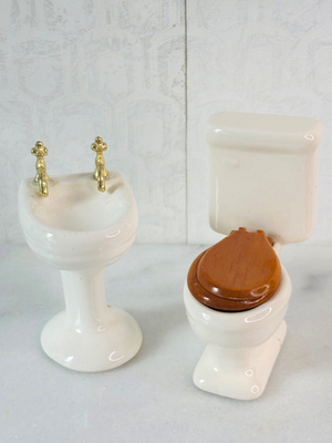 #ad VTG DOLL HOUSE MINI PORCELAIN PEDESTAL SINKamp;TOILET WOOD SEAT BATHROOM FIXTURES $15.99