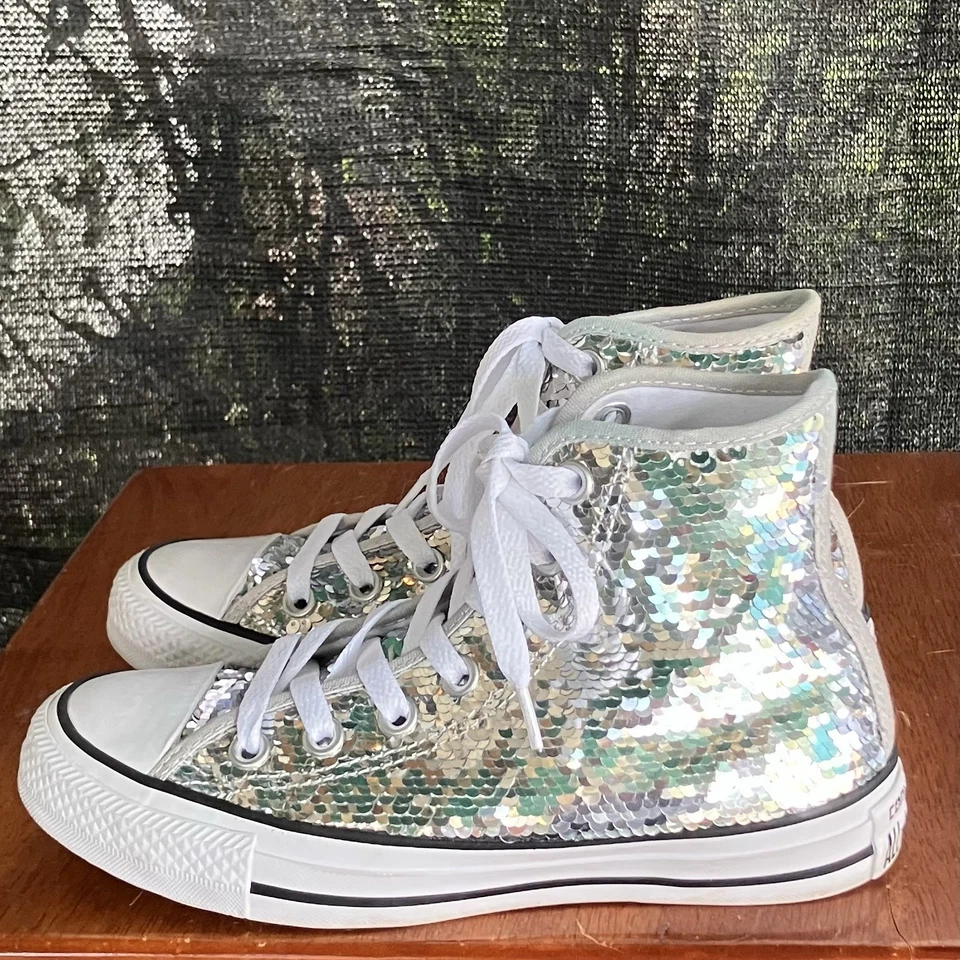 Top alto Converse All Star para mujer talla 5 plata lentejuelas estilo 557924C Foto 4 de 4