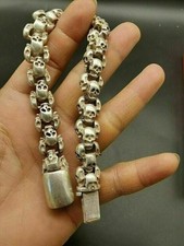 Old Chinese tibet silver hand-carved Skull lucky Bracelet--