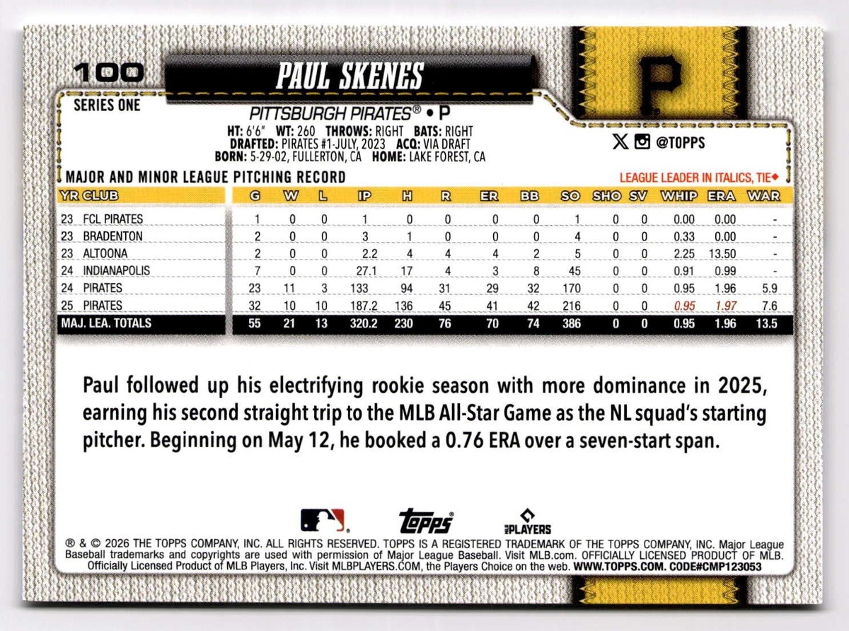 2026 Topps 75 Series One - Paul Skenes #100 Pittsburgh Pirates | eBay