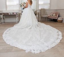 Ivory Lace Sleeveless V Neck Ball Gown Wedding Dress with Train Tulle Princess
