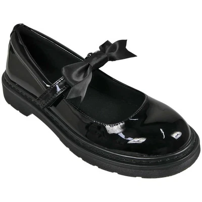 LOUDLOOK Back To School Shoes Girls Ladies Bow Work Black Patent Grip Womens Shoe Sizes