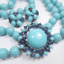 Signed Crown TRIFARI Turquoise Lucite Blue Rhinestone Brooch Necklace Earrings