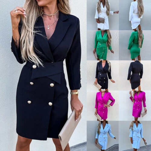 Women Duster Lapel Double Breasted Blazer Dress Suit Ladies Work Jacket Coat - Picture 2 of 17