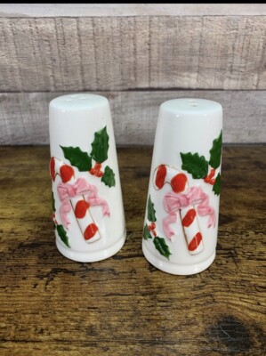 Vintage Japan Candy Cane Holly Salt & Pepper Shakers Holiday Christmas