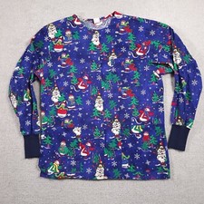 Vtg Barco Scrub Shirt Women's Small Blue Long Sleeve Snowman Winter Snap Pockets