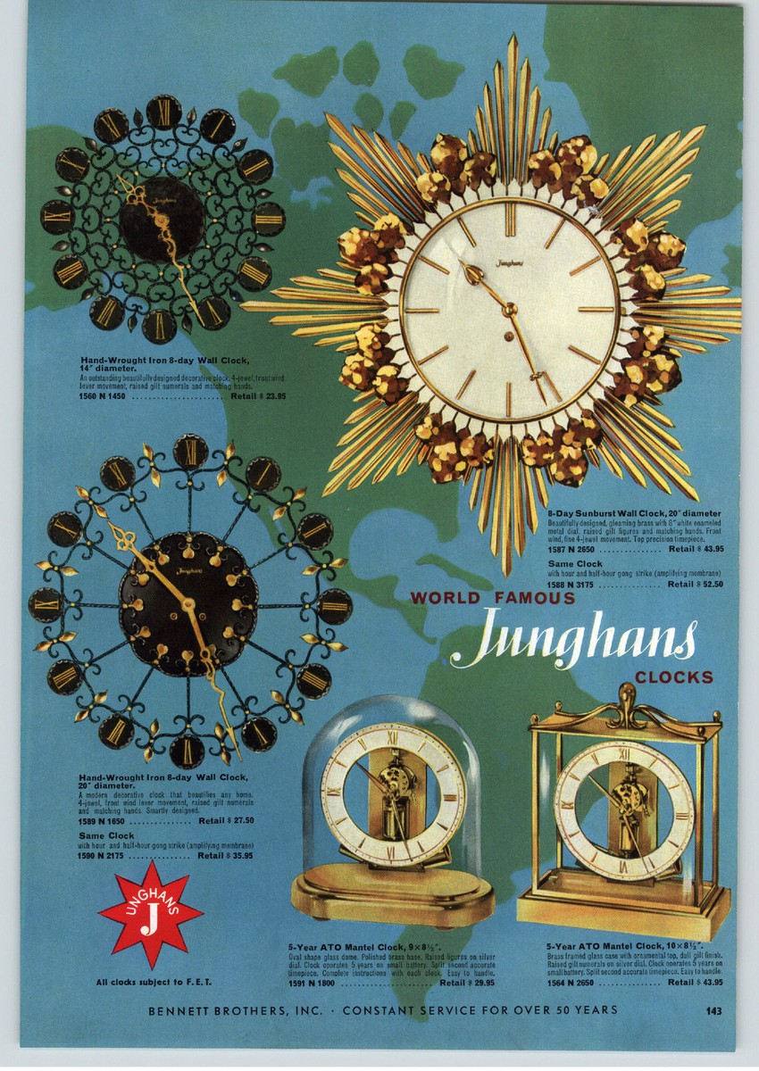 1957 PAPER AD Junghans World Famous Clocks Wall Sunburst Mid