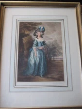 OLD BLUE DRESS LADY IN GARDEN ETCHING PRINT BY ALFRED J. SERIMSHIRE W/WOOD FRAME