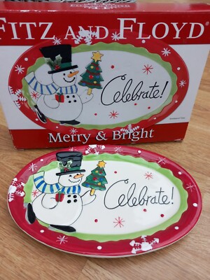 Fitz and Floyd Merry & Bright Christmas Spruch Snack Tablett Keramik verpackt
