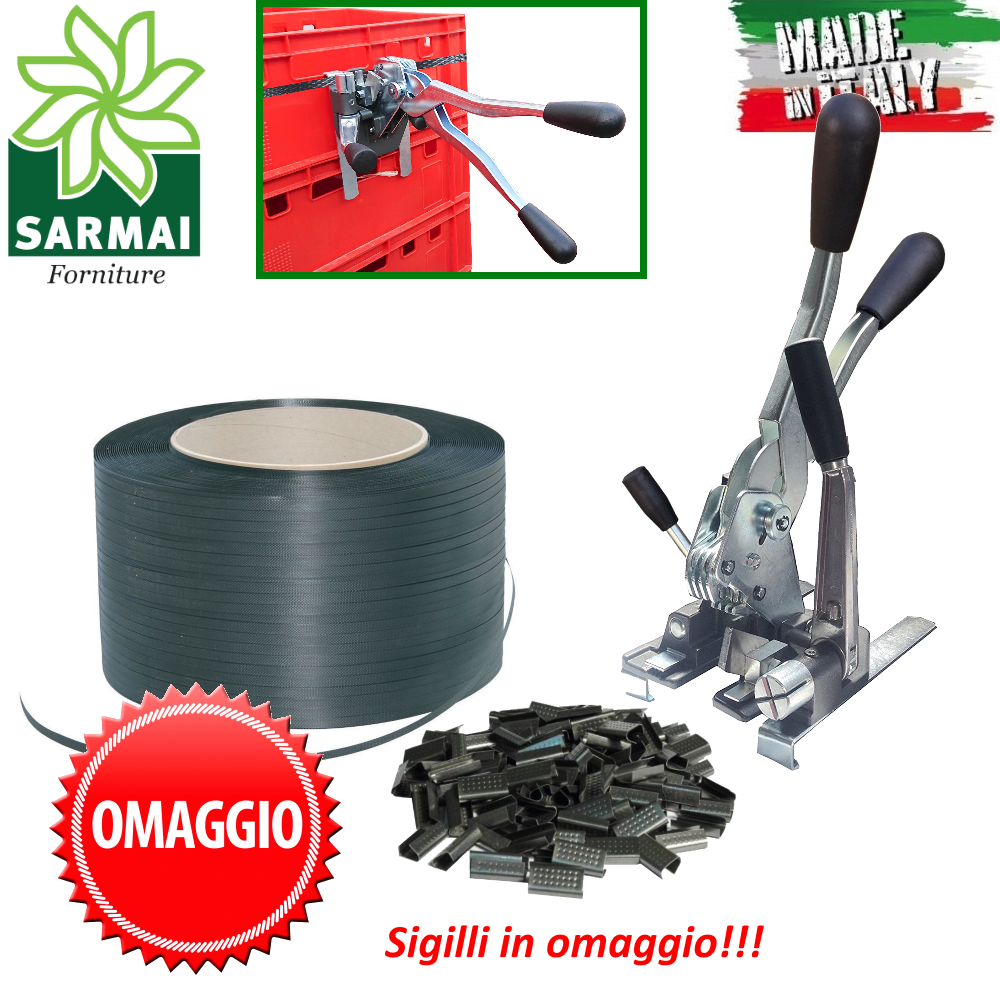 KIT REGGITURA ORTOFRUTTA ROTOLO REGGIA 12mm 900m TENDIREGGIA CON STAFFE +SIGILLI