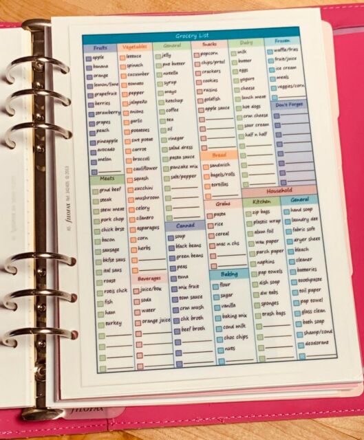 Grocery List/Shopping & Menu Planner Two Sided Dashboard for use with Filofax A5