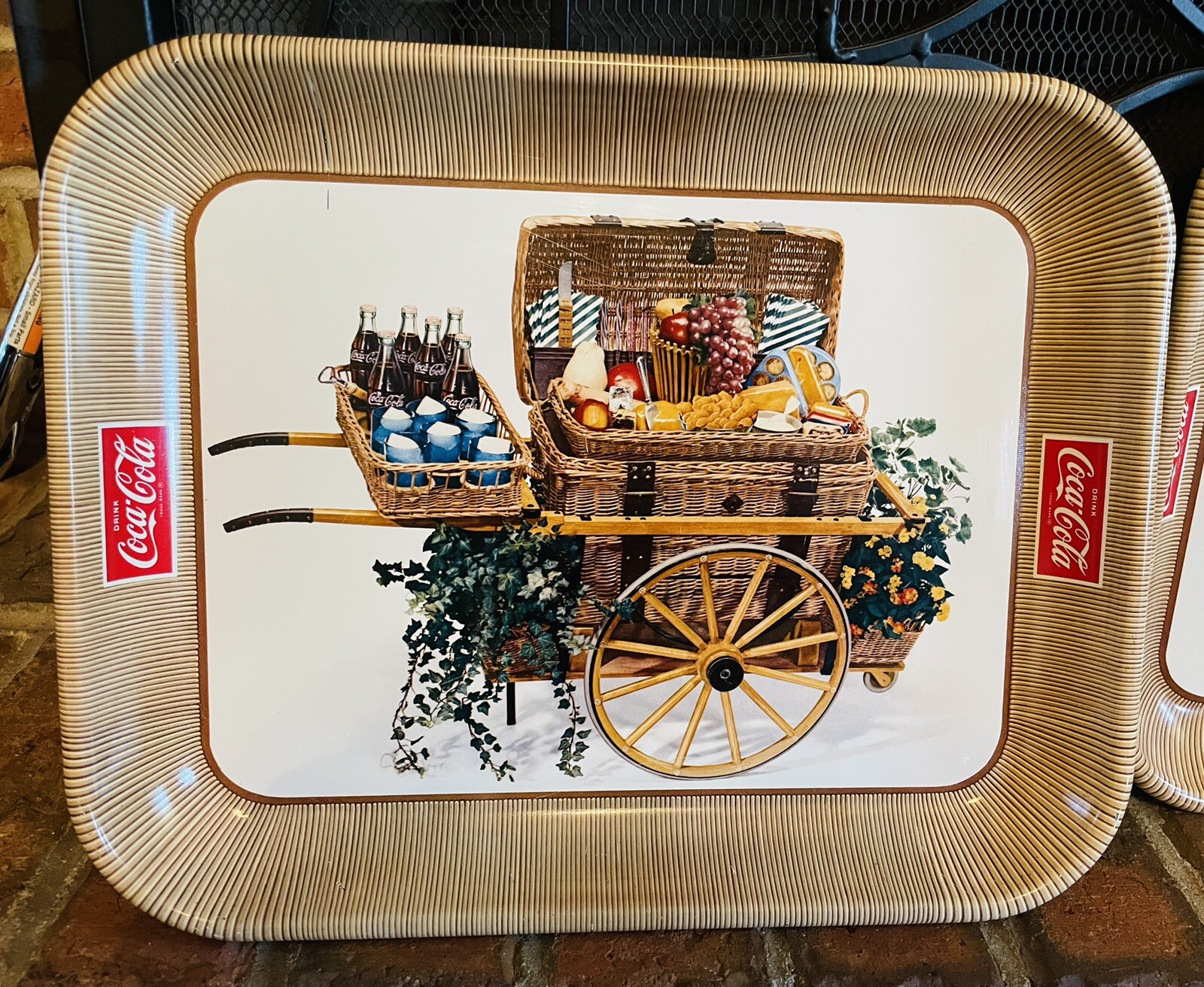 Mexican Coke Coca Cola TV Trays (2) 1958 Picnic TV Cart Wicker Basket