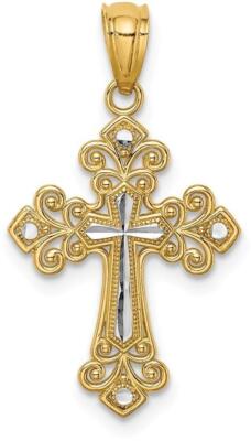 14K Yellow Gold and Rhodium Shiny-Cut Cross Pendant C4695